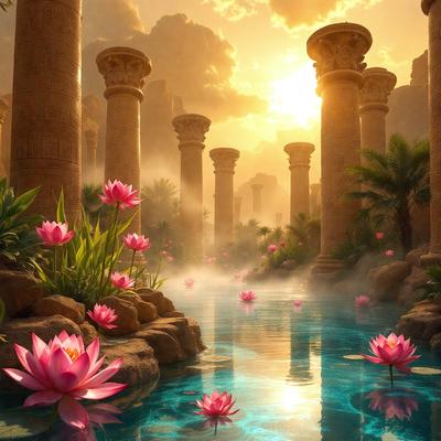 The primary subject of the image is a beautiful garden scene featuring a pond with a variety of flowers, including pink and purple flowers. The setting is a serene and picturesque environment, with a backdrop of tall pillars and a sunny sky. The visual style of the image is a combination of photo and digital art, creating a vibrant and lush atmosphere. The dominant colors in the scene are pink, purple, and blue, which contribute to the overall mood of the image, which is one of tranquility and natural beauty.